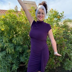 CACHE Purple Short Sleeve Mockneck Ruched Stretch Drape Dress Size 14